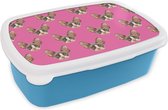 Broodtrommel Blauw - Lunchbox - Brooddoos - Huisdier - Roze - Patroon - 18x12x6 cm - Kinderen - Jongen