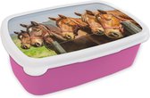 Broodtrommel Roze - Lunchbox Paarden - Hek - Zomer - Brooddoos 18x12x6 cm - Brood lunch box - Broodtrommels voor kinderen en volwassenen