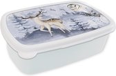 Broodtrommel Wit - Lunchbox - Brooddoos - Winter - Bos - Uil - Hert - 18x12x6 cm - Volwassenen