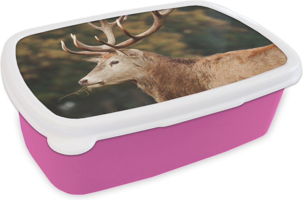 Broodtrommel Roze - Lunchbox - Brooddoos - Hert - Gewei - Bos - 18x12x6 cm - Kinderen - Meisje