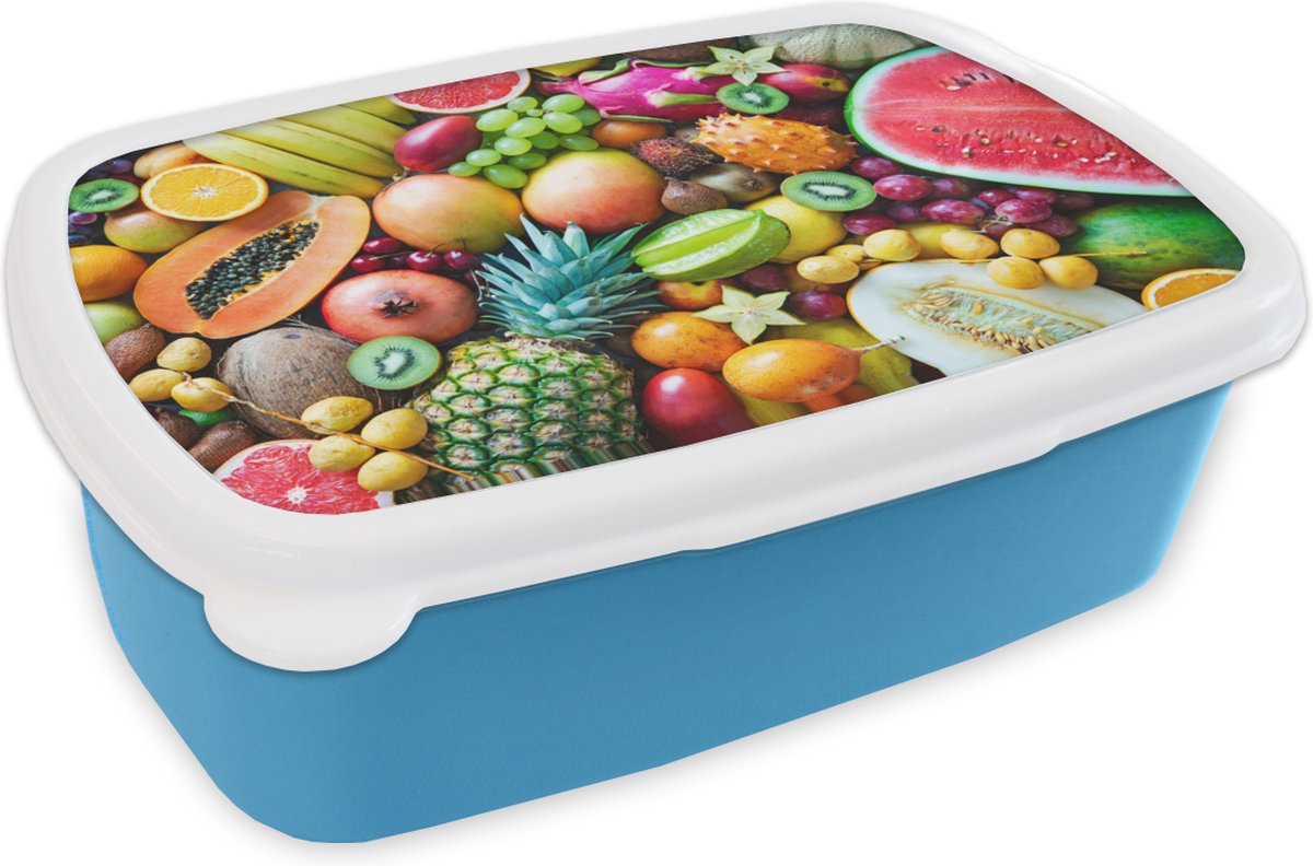 Broodtrommel Blauw - Lunchbox - Brooddoos - Fruit - Ananas - Tropisch - 18x12x6 cm - Kinderen - Jongen