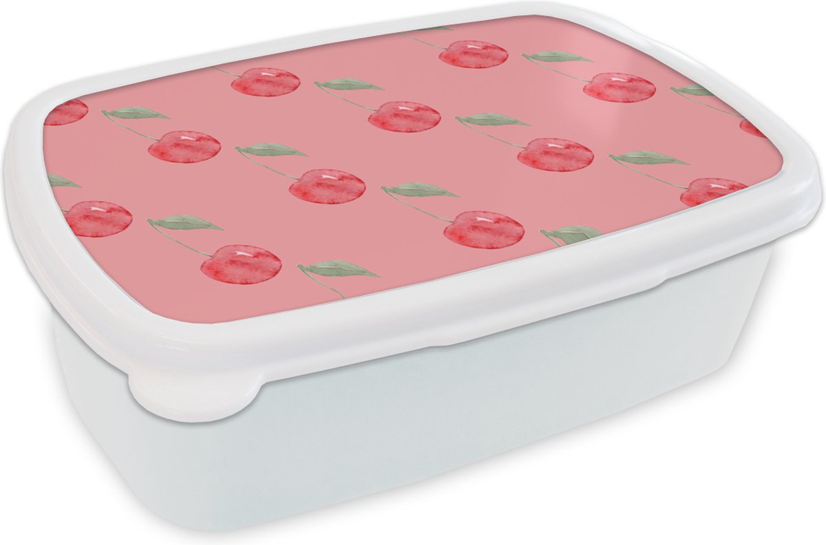 Broodtrommel Wit - Lunchbox - Brooddoos - Kersen - Fruit - Roze - 18x12x6 cm - Volwassenen