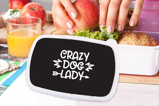 Broodtrommel Wit - Lunchbox - Brooddoos - Hond - Crazy dog lady - Quotes - Spreuken - 18x12x6 cm - Volwassenen