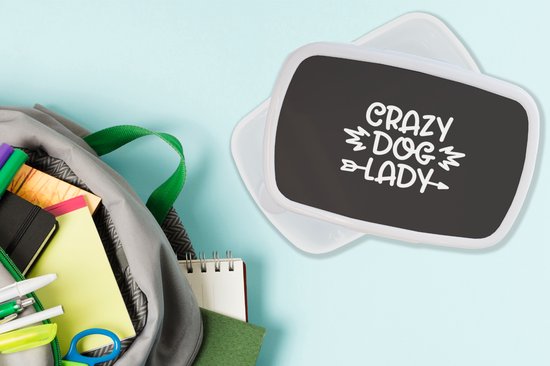Broodtrommel Wit - Lunchbox - Brooddoos - Hond - Crazy dog lady - Quotes - Spreuken - 18x12x6 cm - Volwassenen