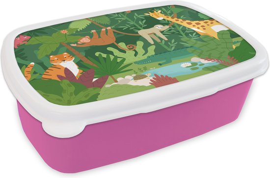 Lunchbox Rose - Lunchbox - Boîte à pain - Jungle - Animaux - Nature - 18x12x6 cm - Enfants - Fille