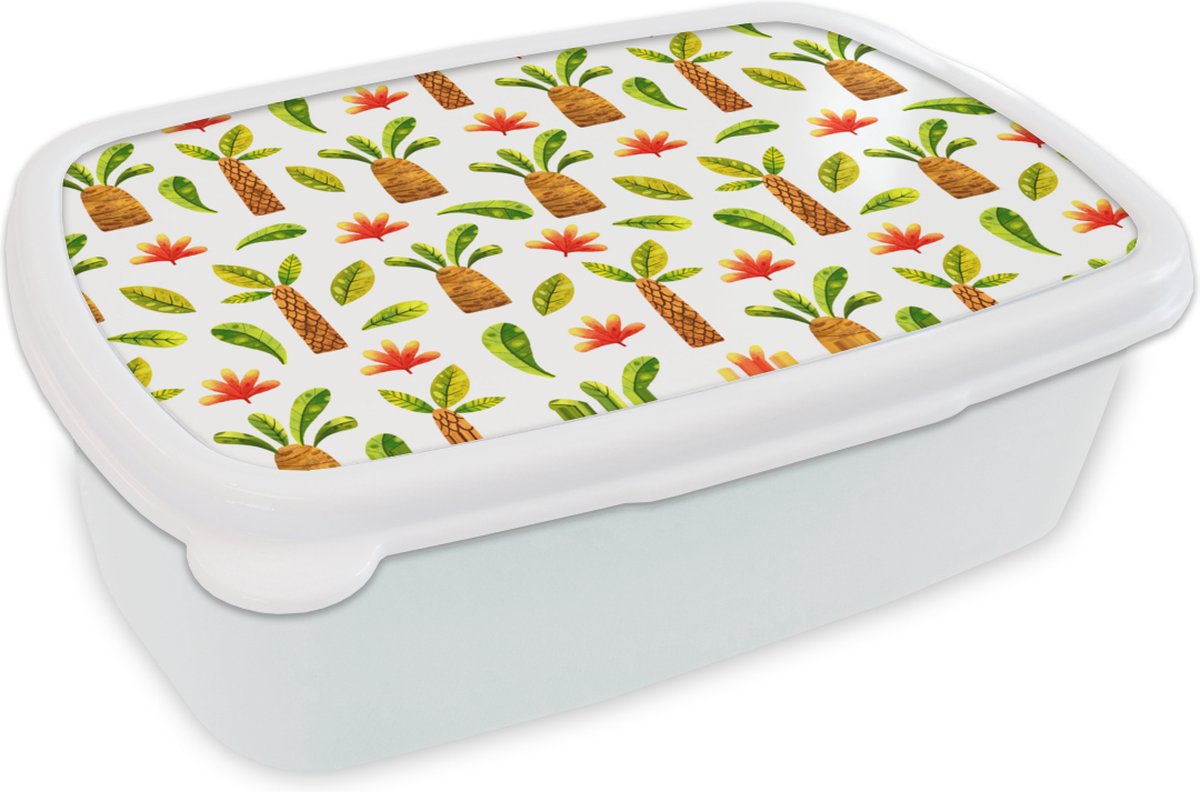 Broodtrommel Wit - Lunchbox - Brooddoos - Jungle - Bladeren - Patronen - 18x12x6 cm - Volwassenen