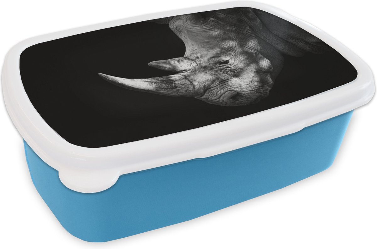 Broodtrommel Blauw - Lunchbox - Brooddoos - Neushoorn - Dier - Licht - 18x12x6 cm - Kinderen - Jongen