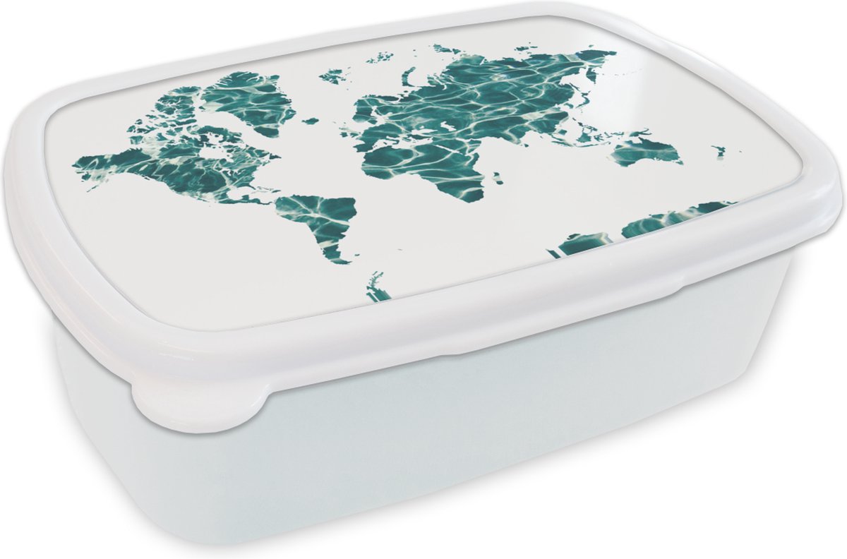 Broodtrommel Wit - Lunchbox - Brooddoos - Wereldkaart - Zee - Wit - 18x12x6 cm - Volwassenen