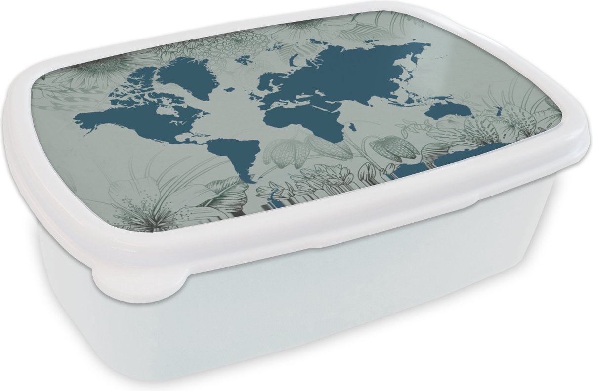 Broodtrommel Wit - Lunchbox - Brooddoos - Wereldkaart - Grijs - Blauw - 18x12x6 cm - Volwassenen