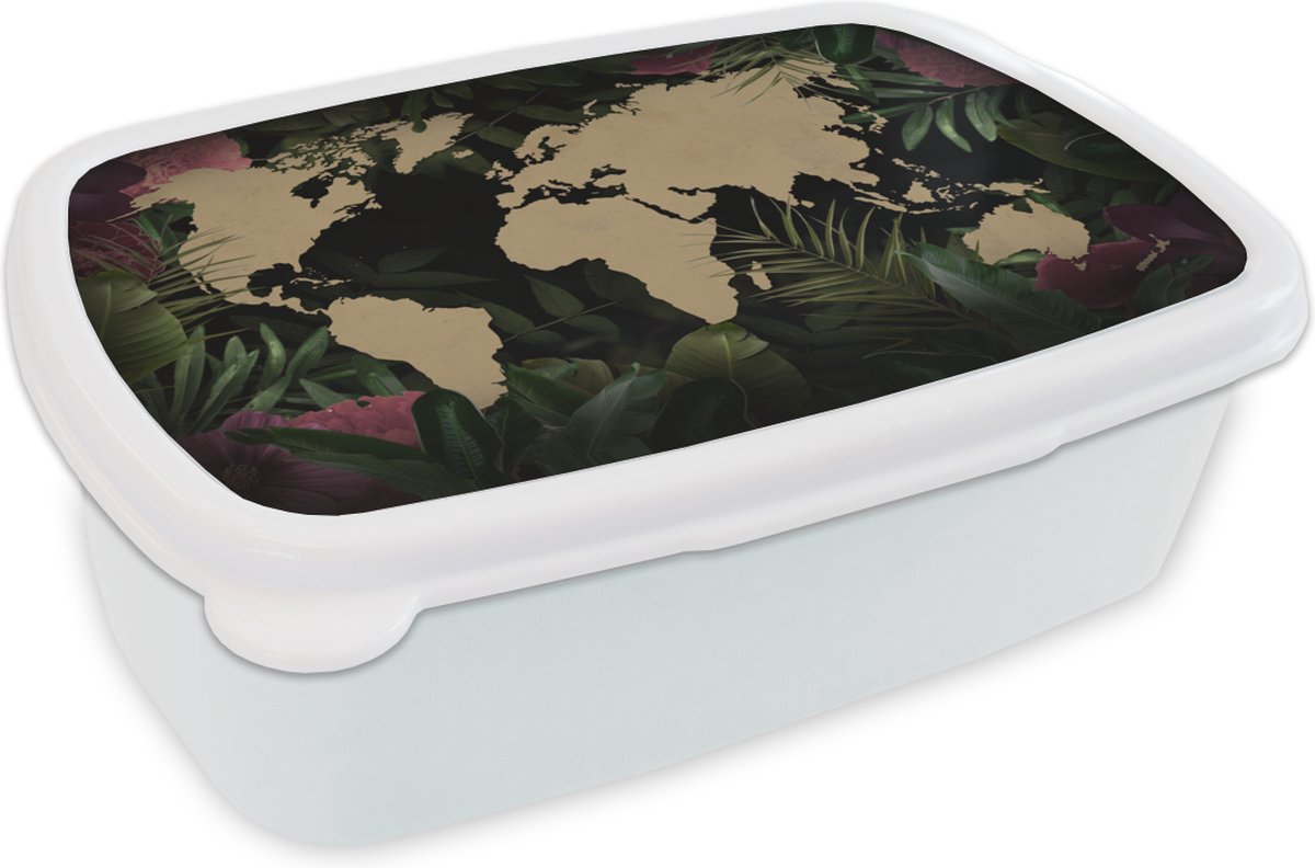 Broodtrommel Wit - Lunchbox - Brooddoos - Wereldkaart - Bladeren - Jungle - 18x12x6 cm - Volwassenen