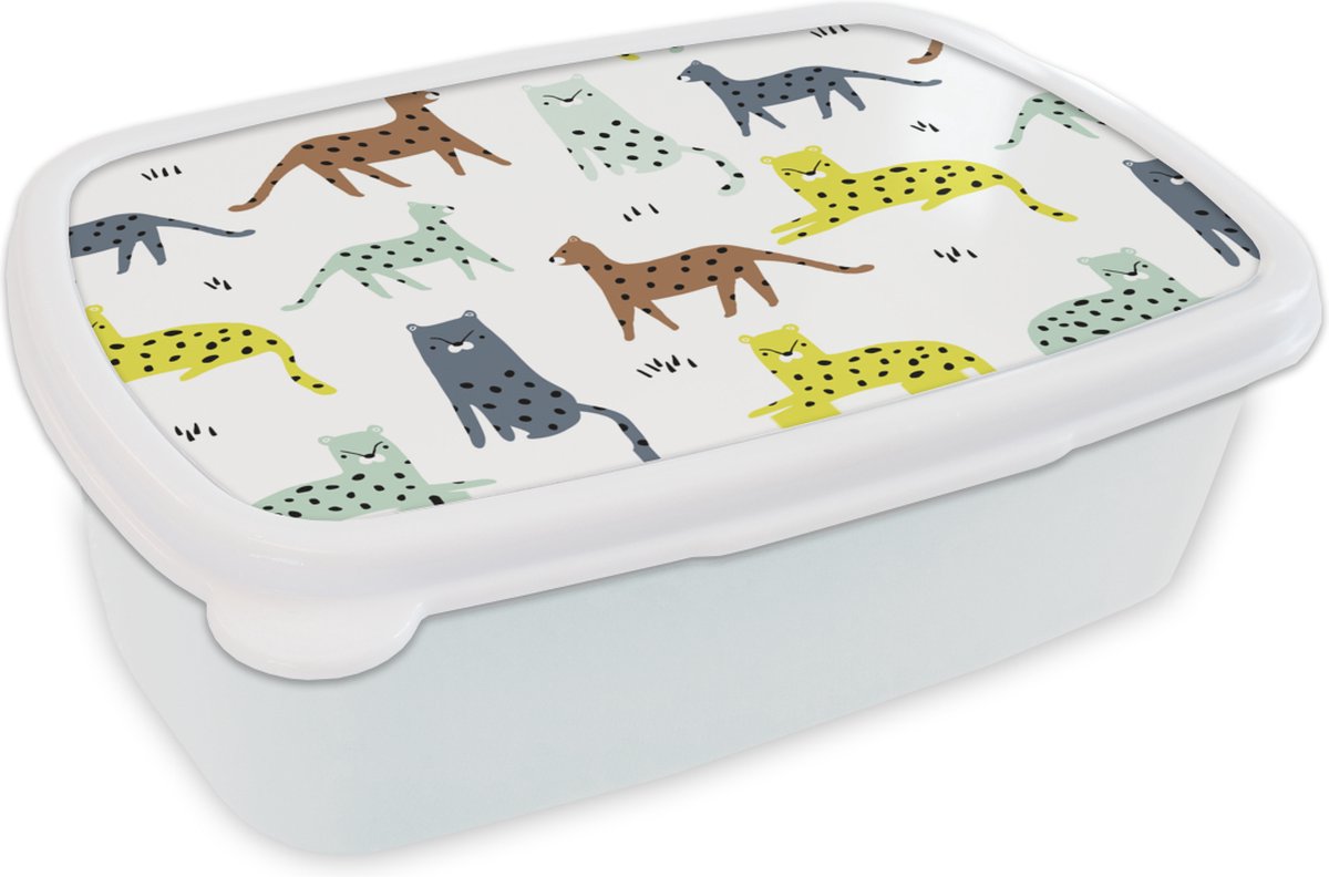 Broodtrommel Wit - Lunchbox - Brooddoos - Wilde dieren - Kat - Jungle - 18x12x6 cm - Volwassenen