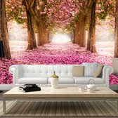 Zelfklevend fotobehang -  Roze pad van bloemen door een bos  , Premium Print