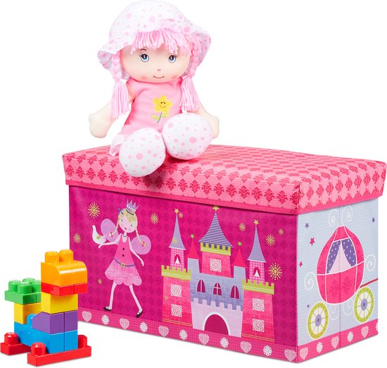 Roze opbergkist met prinses, kasteel en koets, met pop en blokken.
