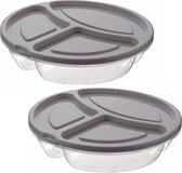 2x Lunchboxen/bewaarbakjes rond 3- vaks licht grijs met deksel 2.6 liter - Keukenbenodigdheden - Eten bewaren - Vershoudbakjes