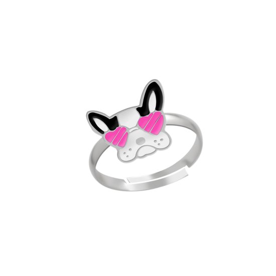 Ring fille enfant | Ring enfants | Bague en argent, tête de chien avec lunettes coeur rose