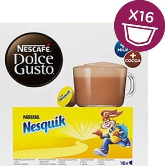 Gele verpakking Nesquik Dolce Gusto met beker chocolademelk en Nesquik-konijn.