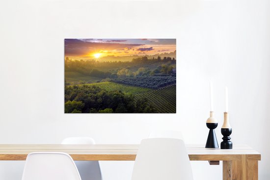 Aluminium schilderij 90x60 cm - Wanddecoratie metaal - Toscane - Landschap - Zon - Metalen muurdecoratie woonkamer - Decoratie industrieel - Foto op dibond - Industriële accessoires slaapkamer
