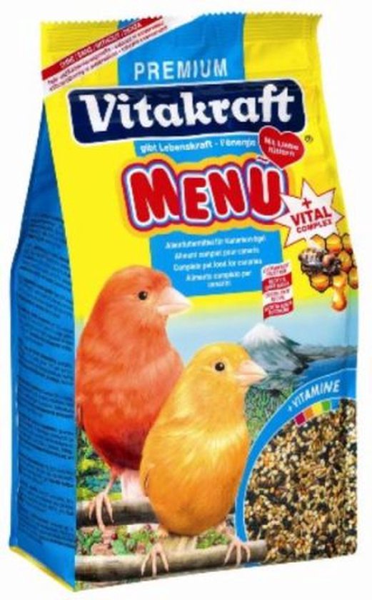 Gele en rode kanarie op blauwe zak met Vitakraft Premium Menu, met liefde en vitaliteitscomplex.