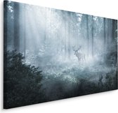 Schilderij - Hert in een donker Bos, Mist, premium Print