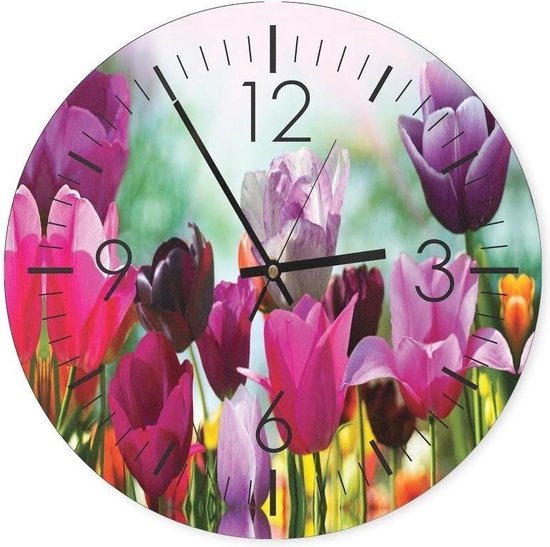Trend24 - Wandklok - Kleurrijke Tulpen - Muurklok - Bloemen - 40x40x2 cm - Roze