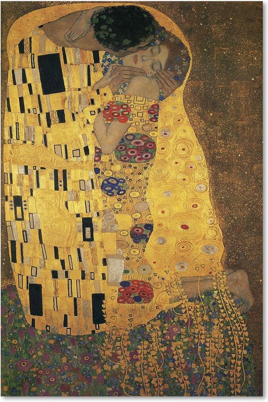 Trend24 - Canvas Schilderij - Reproductie Schilderij door G. Klimt - The Kiss - Schilderijen - Reproducties - 70x100x2 cm - Geel