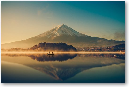 Mount Fuji bij Kawaguchimeer - Zonsopkomst - Canvas Liggend - Besteposter - Minimalist - Landschap - Natuur