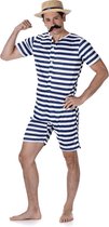 Karnival Costumes Blauw/Wit Gestreepte Retro Zwemoutfit voor Mannen Carnavalskleding Heren Carnaval - Polyester - Maat XL - 3-Delig Jumpsuit/Strohoed/Snor