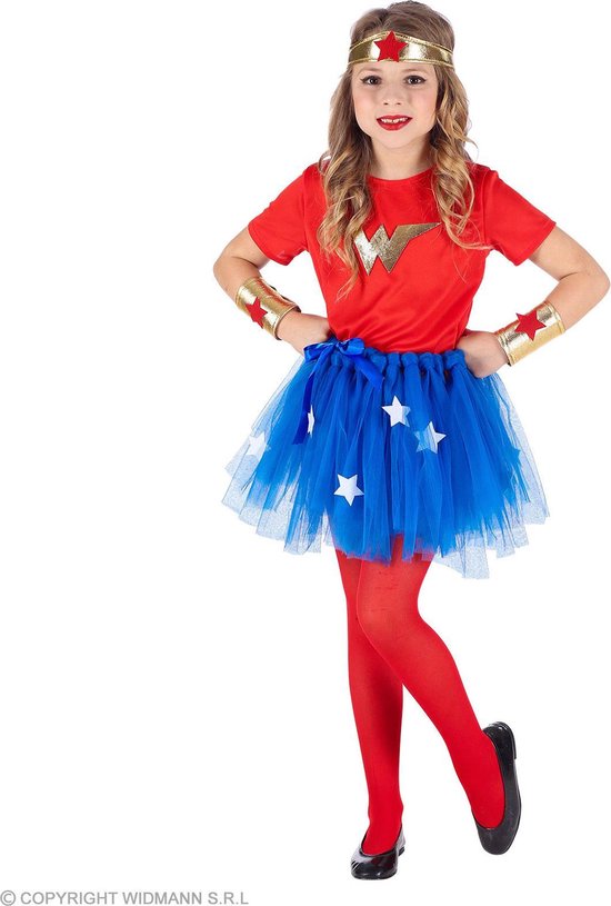 Widmann - Super Sterke Wonder Girl - Meisje - Blauw, Rood - Maat 110 - Carnavalskleding - Verkleedkleding