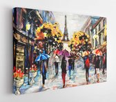 Canvas schilderij - Oil painting on canvas, Paris street view. Art work, Eiffel Tower. People under the red, blue umbrella. Tree. France  -    674573686 - 50*40 Horizontal