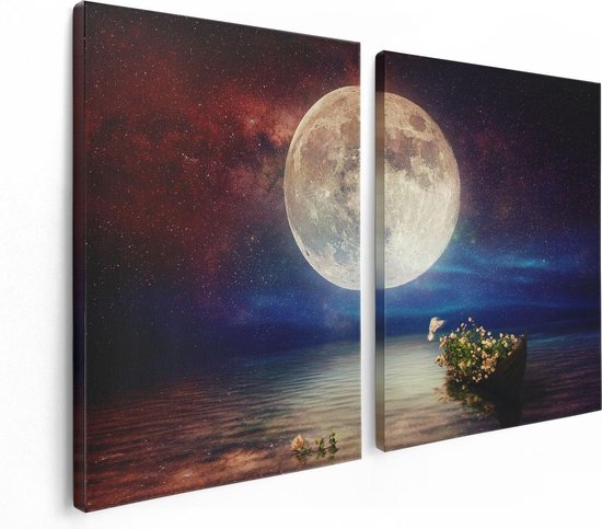 Artaza Canvas Schilderij Tweeluik Volle Maan in de Hemel boven het Water - 120x80 - Foto Op Canvas - Canvas Print