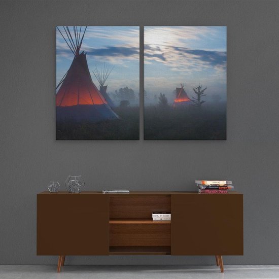 Artaza Peinture sur toile Diptyque Indiens Tipi dans la nuit pendant le brouillard - 120x80 - Photo sur toile - Impression sur toile