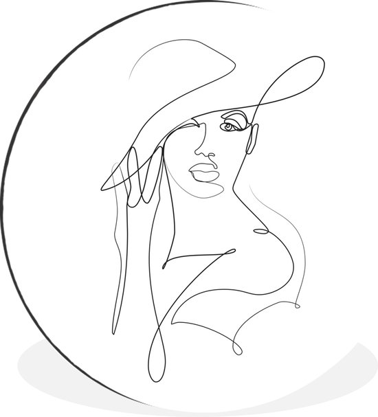 WallCircle - Cercle mural - Cercle mural - Dessin au trait abstrait d'une femme avec un chapeau sur carré - Aluminium - Dibond - 60x60 cm - Intérieur et extérieur