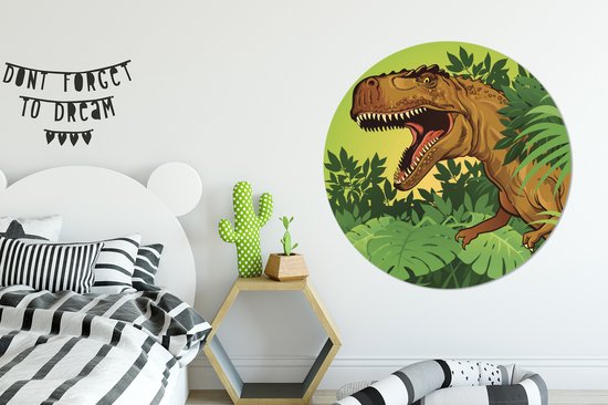 WallCircle - Muurstickers - Behangcirkel - Dinosaurus - Planten - Bruin - Illustratie - Kinderen - Jongens - Baby - Jongen - ⌀ 120 cm - Muurcirkel - Zelfklevend - Ronde Behangsticker XXL