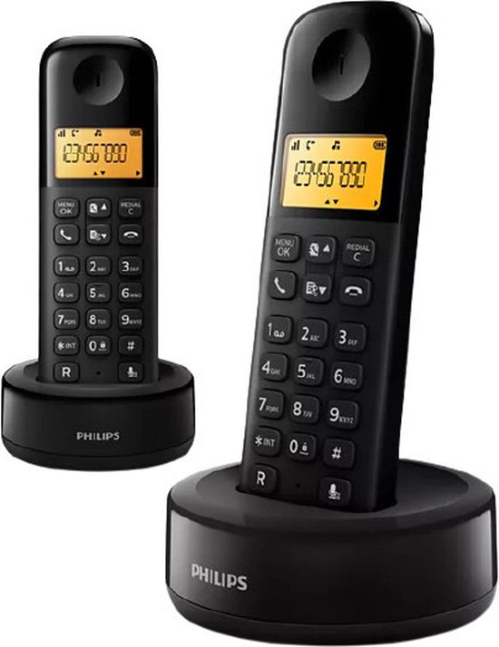 Philips D1602B/01- Draadloze DECT-telefoon met 2 handset, groot display (4,1 cm) en nummerherkenning - Zwart