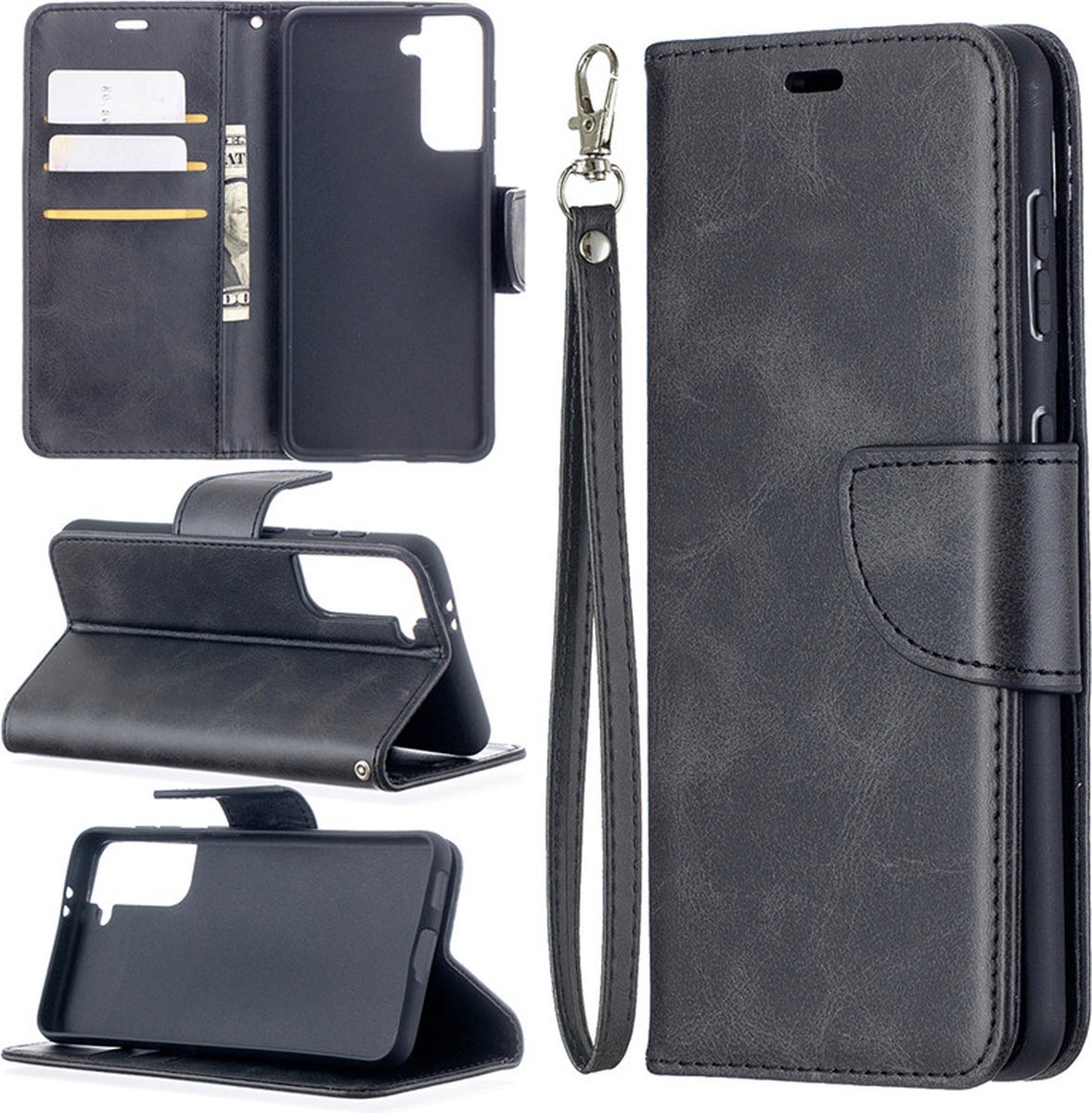 MobyDefend Hoesje - Geschikt voor Samsung Galaxy S21 - Wallet Book Case Met Koord - Zwart