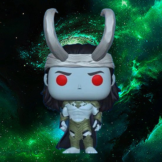 Loki Funko Pop! met blauwe huid, rode ogen, grijze hoorns en groene pantser.