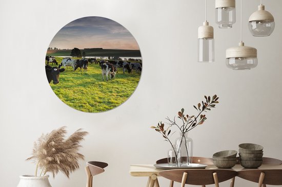 WallCircle - Stickers muraux - Cercle de papier peint - Vache - Herbe - Coucher de soleil - 100x100 cm - Cercle mural - Autocollant - Sticker papier peint rond XXL