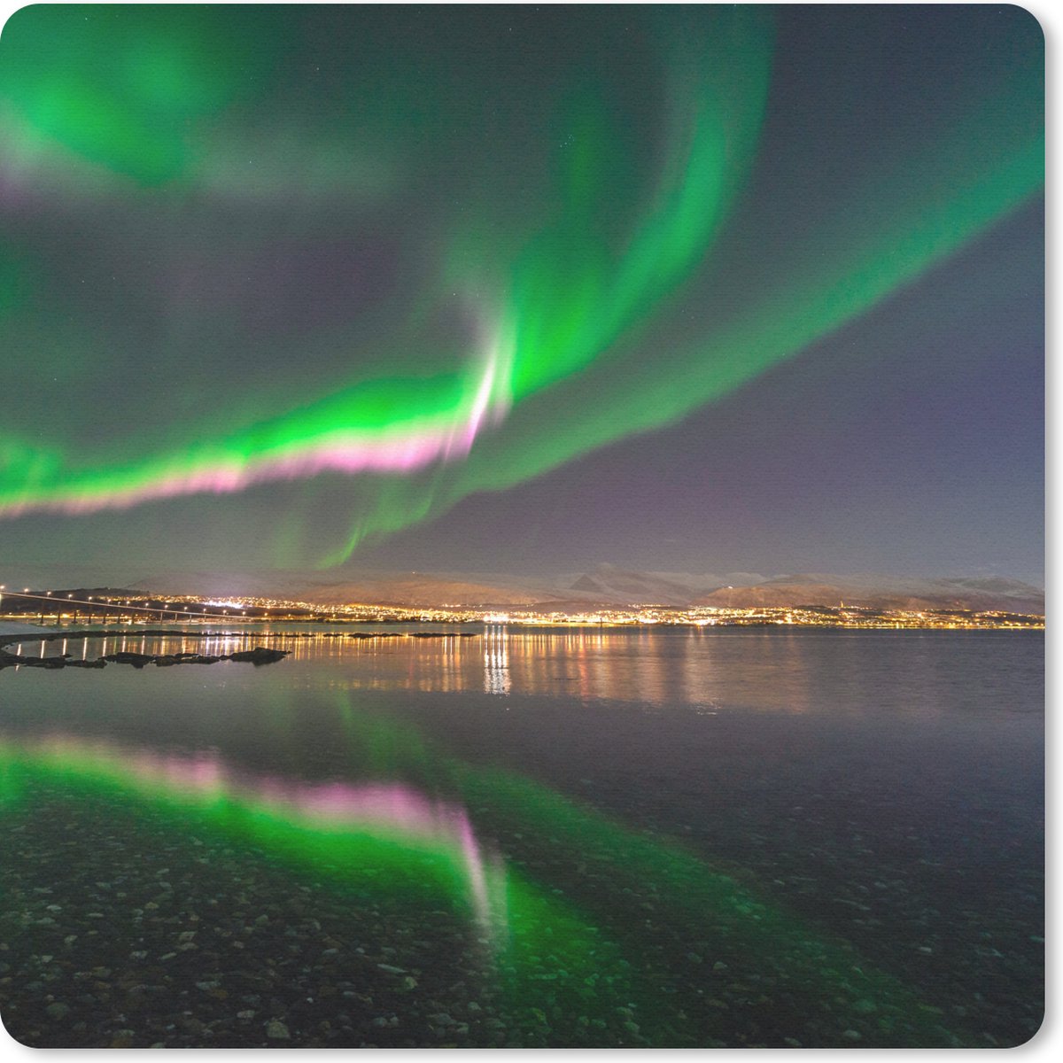 Muismat 30x30 cm - Mousepad Noorderlicht - Nacht - Roze - Muismatten