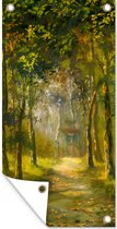 Tuinposter Een illustratie van een pad door het bos - 40x80 cm - Wanddecoratie Buiten - Tuinposter - Tuindoek - Schuttingposter - Tuinschilderij