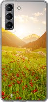 Geschikt voor Samsung Galaxy S21 hoesje - Bloemen - Berg - Zon - Siliconen Telefoonhoesje