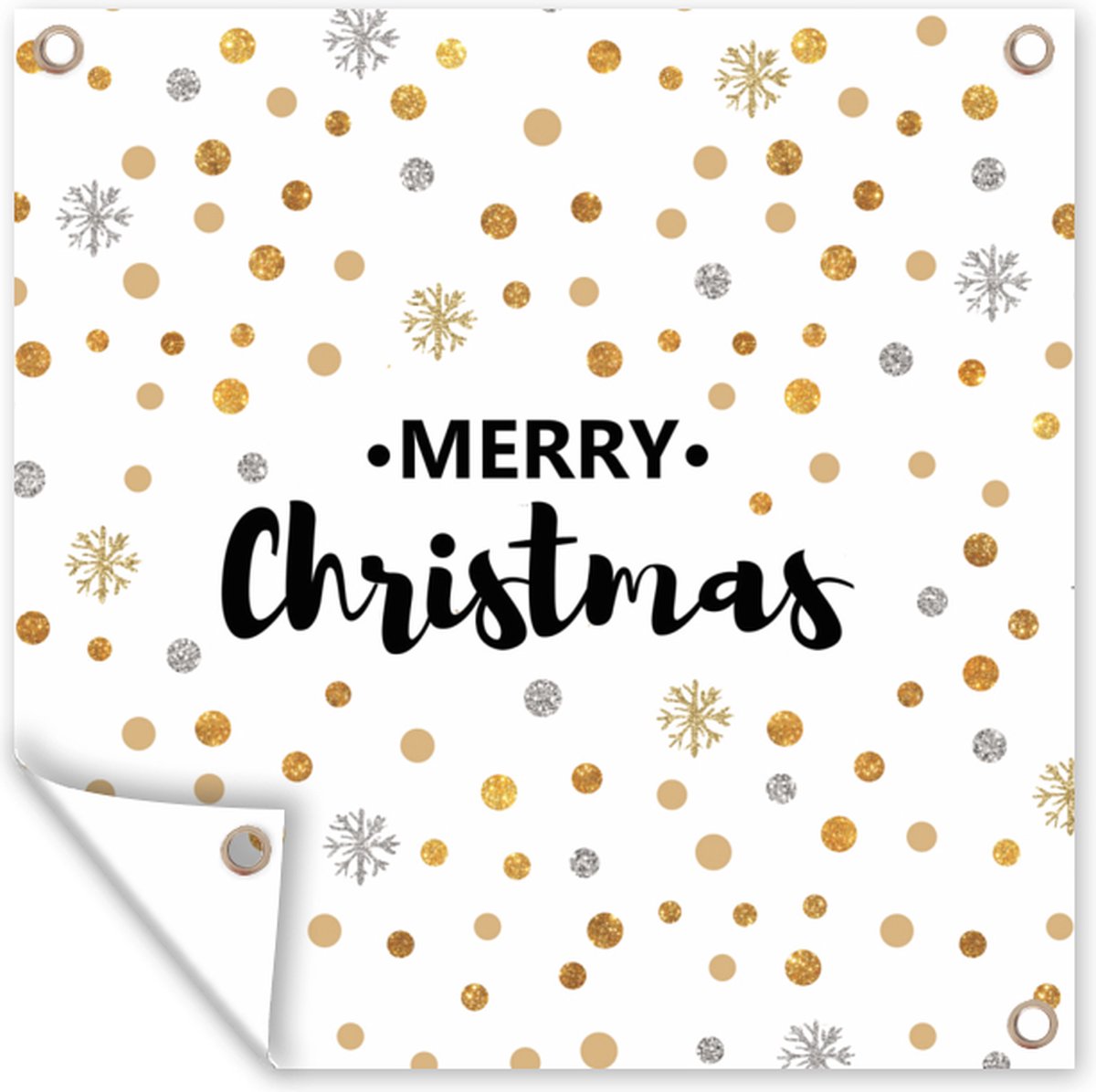 Moderne gouden kerstquote tuinposter van 50x50 cm met 'Merry Christmas' tekst voor buiten.