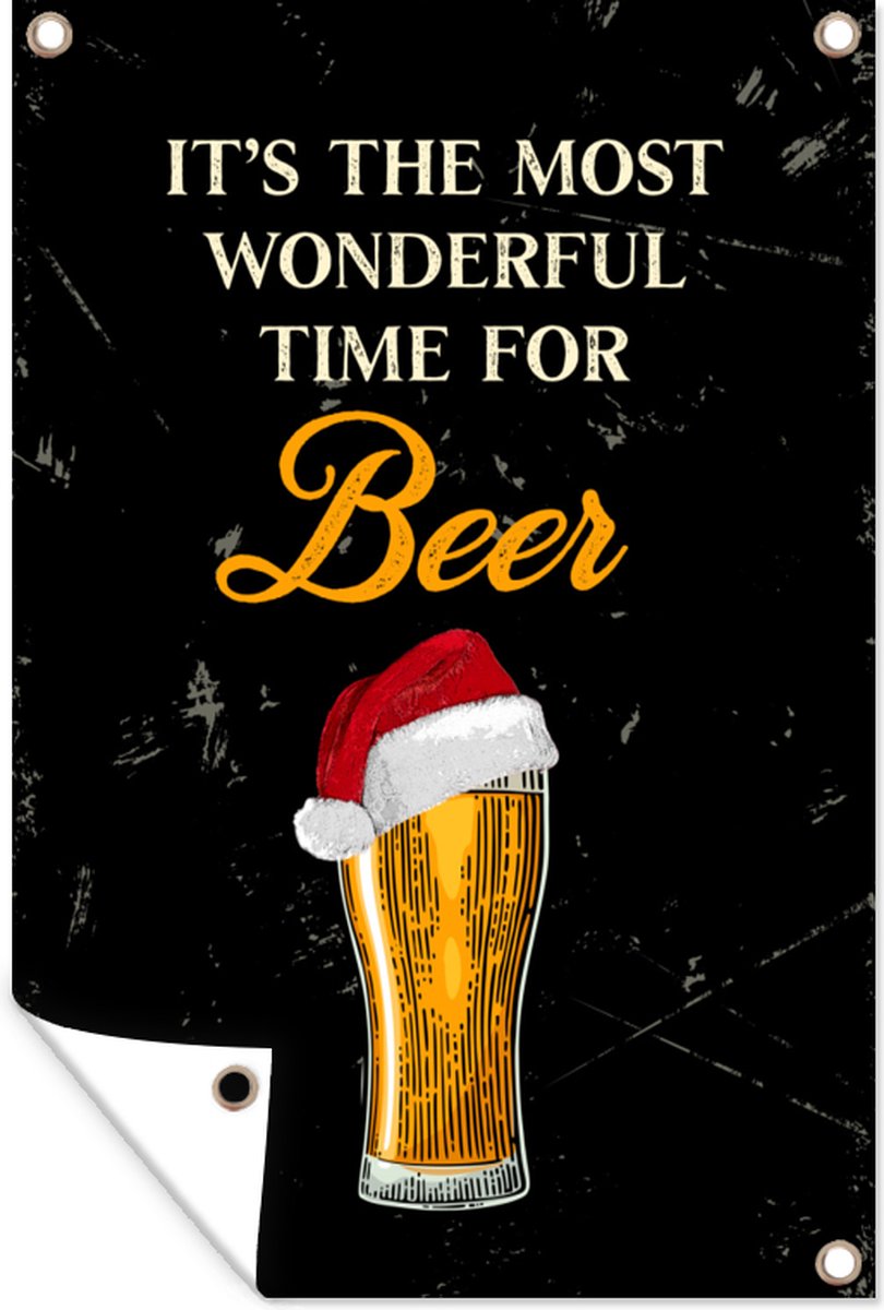Tuinposter met bier en kerstthema, 80x120 cm, geschikt voor buiten, met de tekst "It's the most wonderful time for beer".