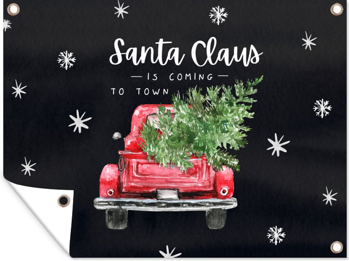 Tuindecoratie Kerst met tekst "Santa Claus is coming to town" afgebeeld op 40x30 cm tuindoek. Kerstman en spreuken.