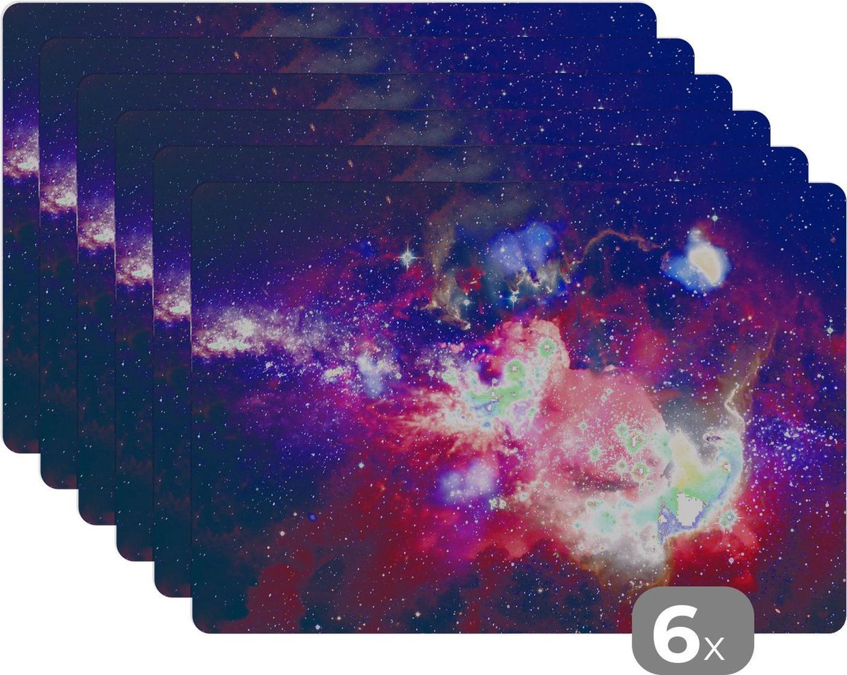Placemat kinderen - Placemat - Placemats kunststof - Heelal - Kleuren - Ruimte - 45x30 cm - 6 stuks - Hittebestendig - Anti-Slip - Onderlegger - Afneembaar