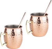 Mokken - Set - Drinkrietjes inclusief - Gehamerd - Handvat - Koperlook - 500 ml inhoud - Metaal