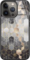 iPhone 13 Pro hoesje glass - Hexagons zwart | Apple iPhone 13 Pro  case | Hardcase backcover zwart