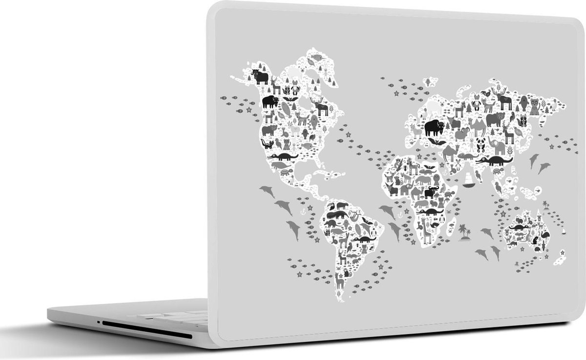 Laptop sticker - 11.6 inch - Wereldkaart met dieren voor kinderen - zwart wit