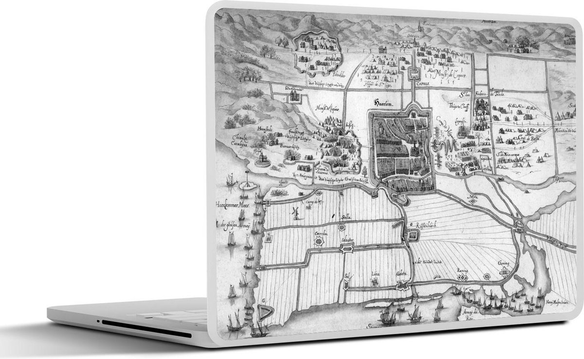 Laptop sticker - 14 inch - Historische stadskaart van Haarlem - zwart wit - 32x5x23x5cm - Laptopstickers - Laptop skin - Cover
