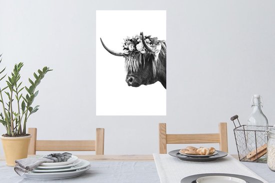 Muurstickers - Sticker Folie - Schotse hooglander met bloemen - zwart wit - 40x60 cm - Plakfolie - Muurstickers Kinderkamer - Zelfklevend Behang - Zelfklevend behangpapier - Stickerfolie