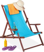 Relaxdays strandstoel hout - ligstoel inklapbaar - campingstoel met bekerhouder - 120 kg - light Blue